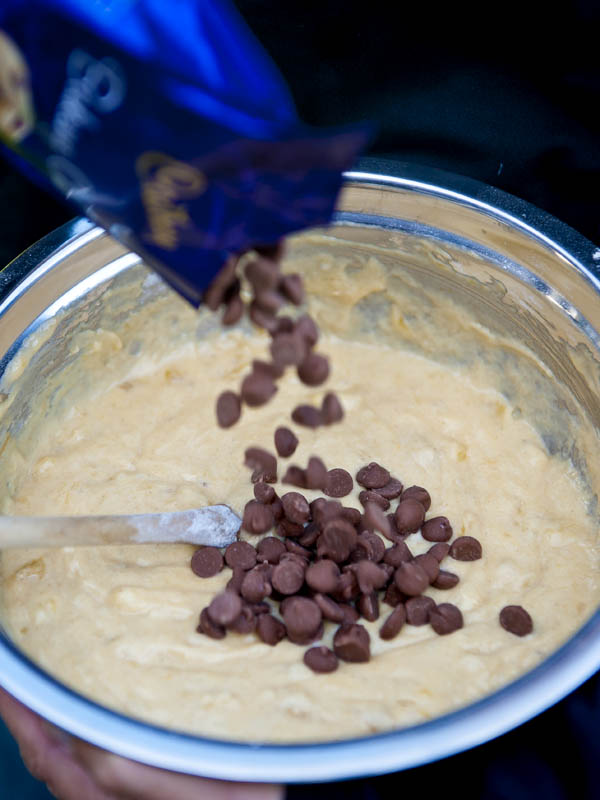 Chocolate chips about to liven up some otherwise plain banana muffins.  Hmmm, can't wait for the final product! (© All Rights Reserved)